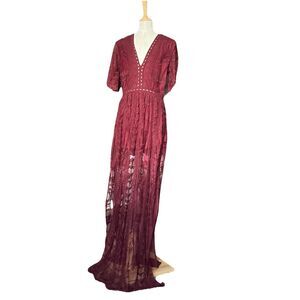 Socialite Red Burgundy Lace Overlay Romper Maxi Dress Women's Size S Boho